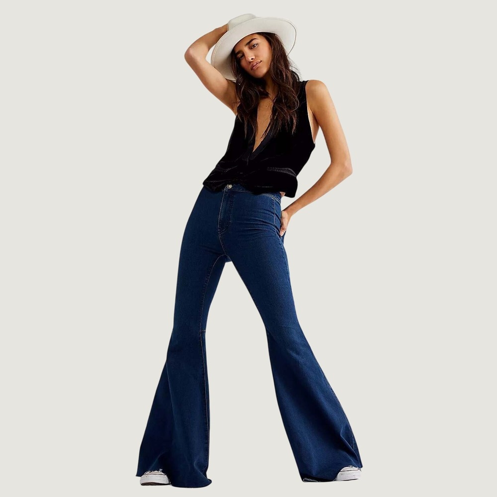 NEW We The Free Just Float On Flare Jeans Sz 26 Rich Blue High Rise Bell Bottom